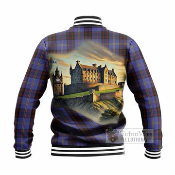 Rutherford Tartan Family Crest Baseball Jacket with Scottish Ancient Castle Style - Tartan Vibes Clothing