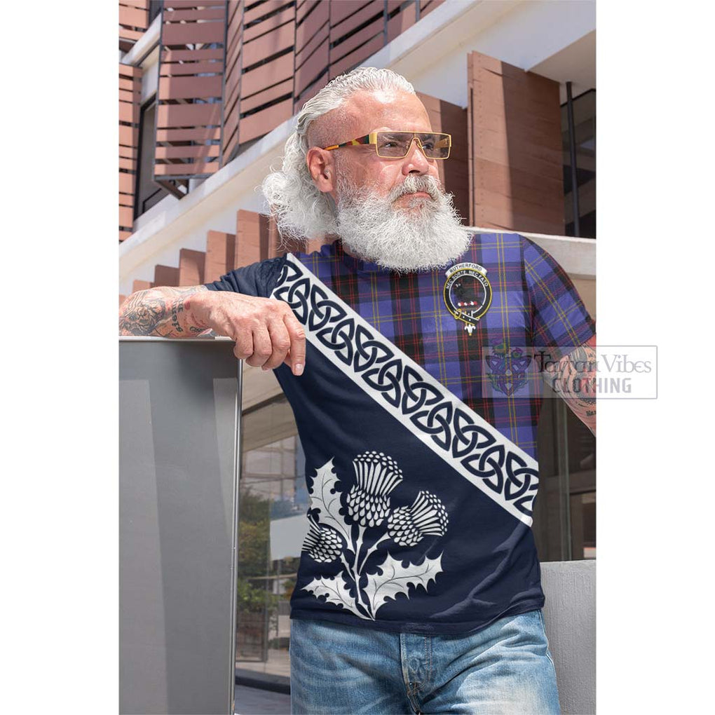 Tartan Vibes Clothing Rutherford Tartan Cotton T-shirt Featuring Thistle and Scotland Map