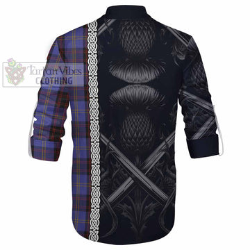 Rutherford Tartan Ghillie Kilt Shirt with Family Crest Cross Sword Thistle Celtic Vibes