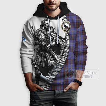 Rutherford Tartan Clan Crest Hoodie with Highlander Warrior Celtic Style