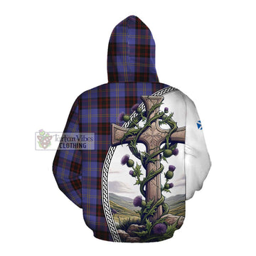 Rutherford Tartan Cotton Hoodie with Family Crest and St. Andrew's Cross Accented by Thistle Vines Pullover Hoodie - Tartan Vibes Clothing