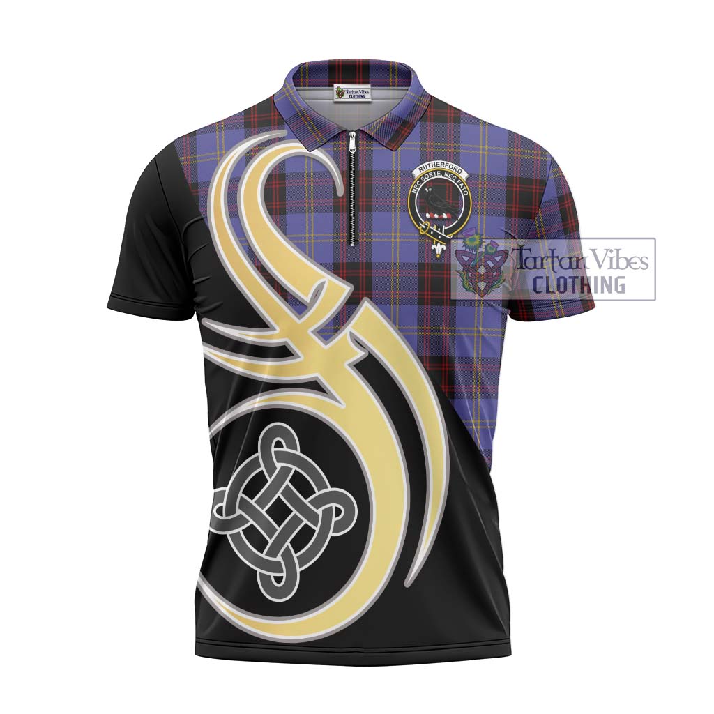 Tartan Vibes Clothing Rutherford Tartan Zipper Polo Shirt with Family Crest and Celtic Symbol Style