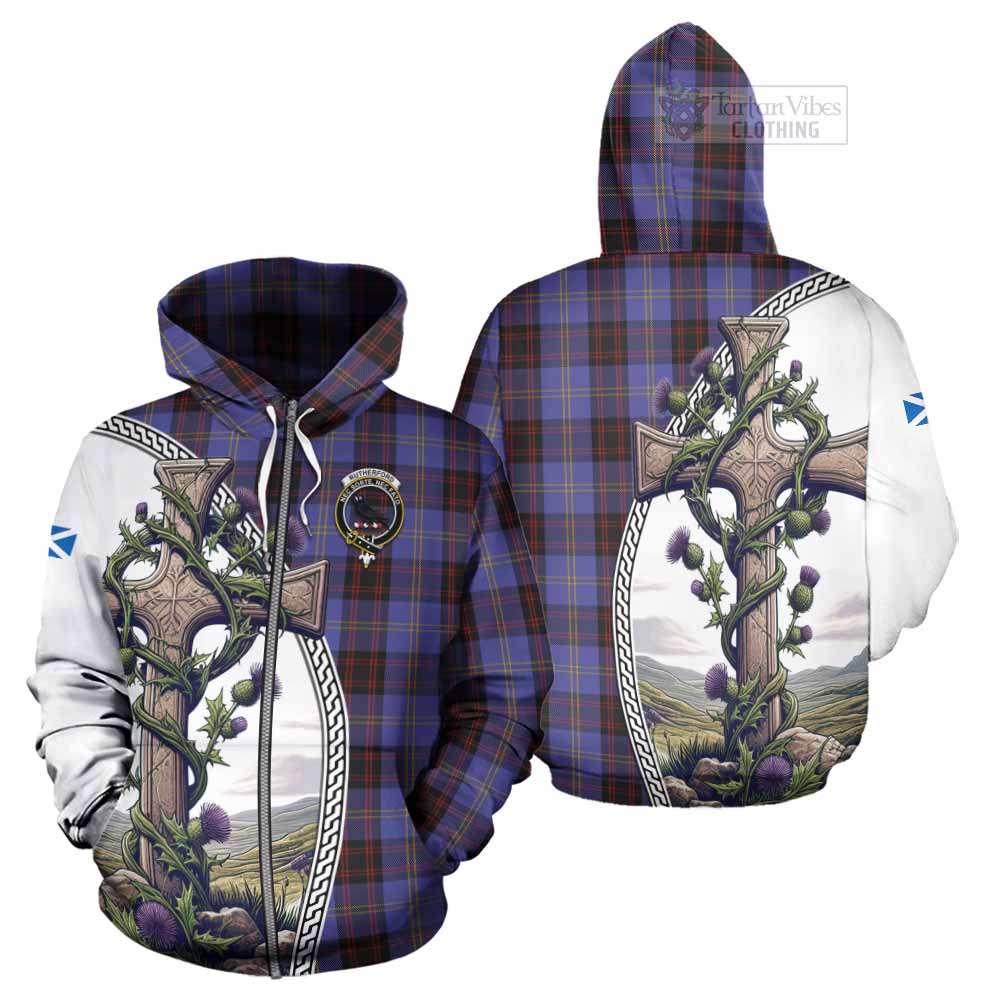 Tartan Vibes Clothing Rutherford Tartan Hoodie with Family Crest and St. Andrew's Cross Accented by Thistle Vines