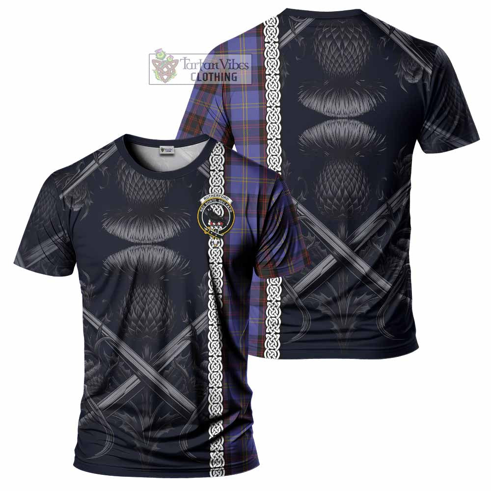 Tartan Vibes Clothing Rutherford Tartan T-Shirt with Family Crest Cross Sword Thistle Celtic Vibes