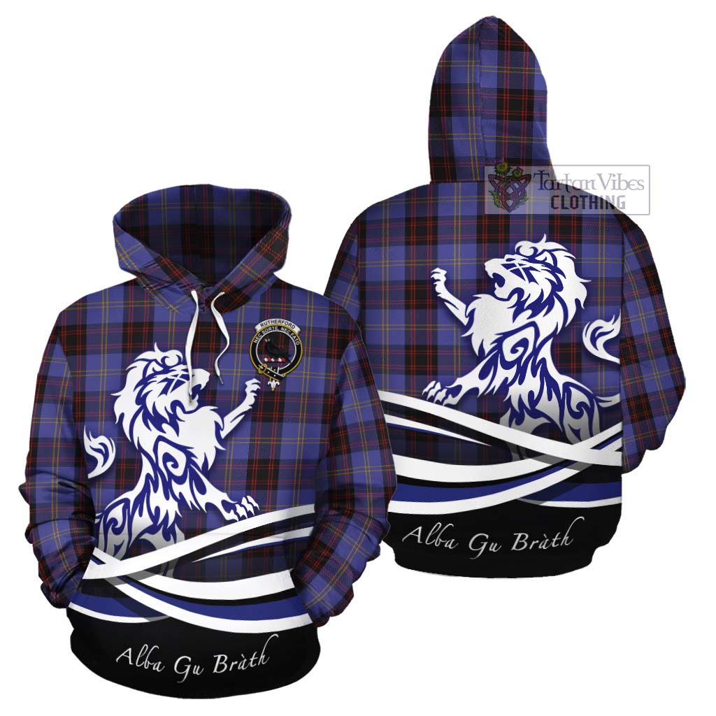 Tartan Vibes Clothing Rutherford Tartan Cotton Hoodie with Alba Gu Brath Regal Lion Emblem