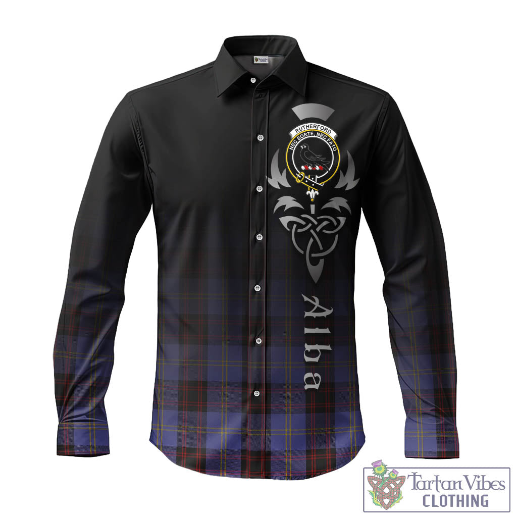 Tartan Vibes Clothing Rutherford Tartan Long Sleeve Button Up Featuring Alba Gu Brath Family Crest Celtic Inspired