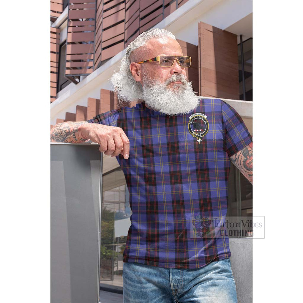 Tartan Vibes Clothing Rutherford Tartan Cotton T-shirt with Family Crest and Bearded Skull Holding Bottles of Whiskey