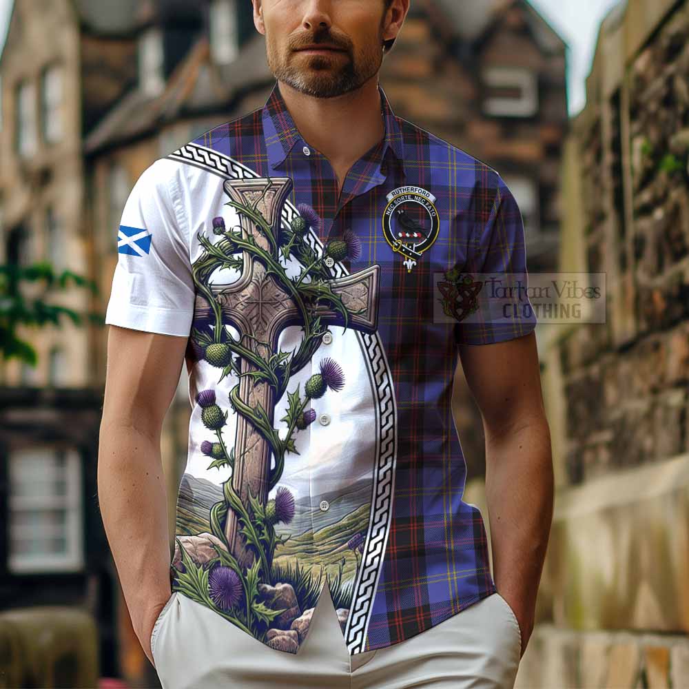 Tartan Vibes Clothing Rutherford Tartan Short Sleeve Button Shirt with Family Crest and St. Andrew's Cross Accented by Thistle Vines