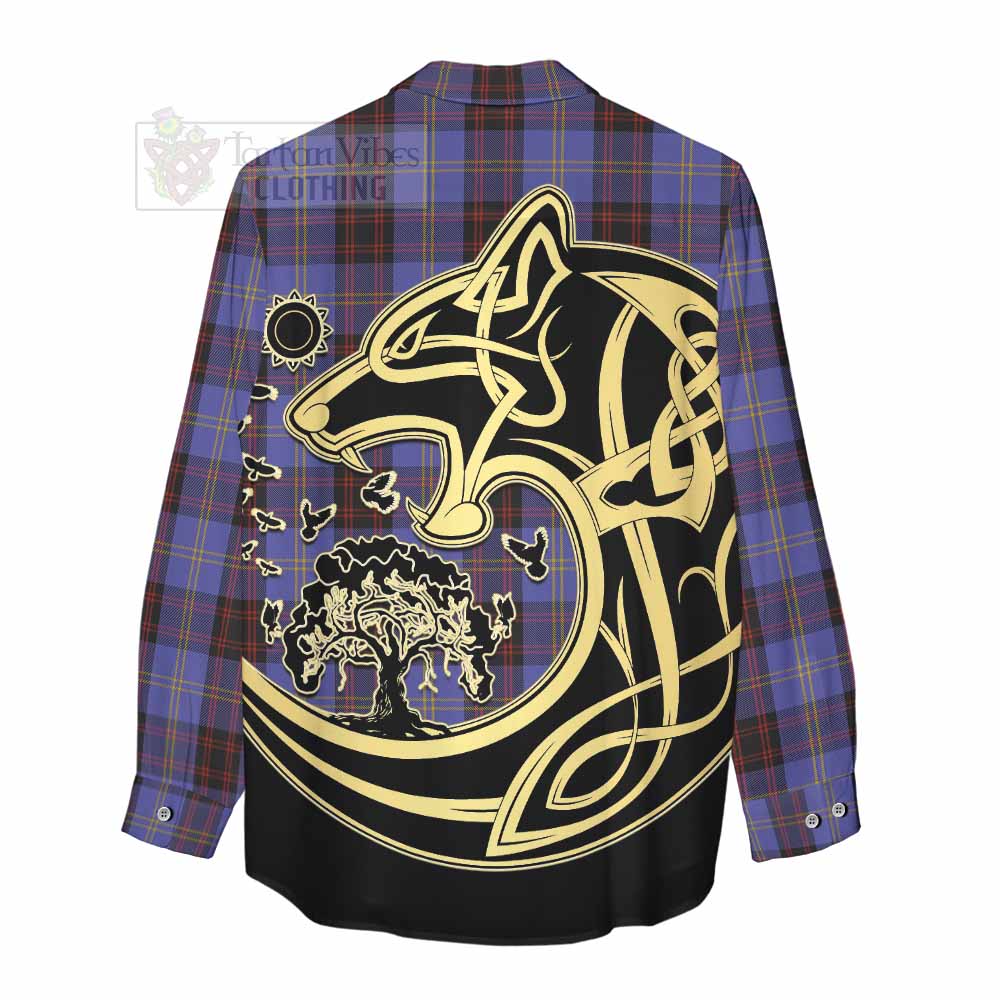 Tartan Vibes Clothing Rutherford Tartan Women's Casual Shirt with Family Crest Celtic Wolf Style