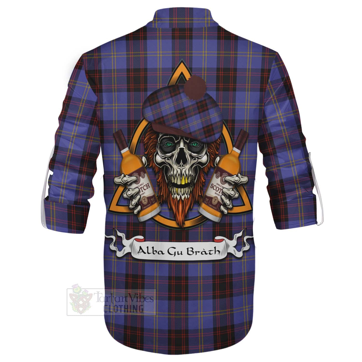 Tartan Vibes Clothing Rutherford Tartan Ghillie Kilt Shirt with Family Crest and Bearded Skull Holding Bottles of Whiskey