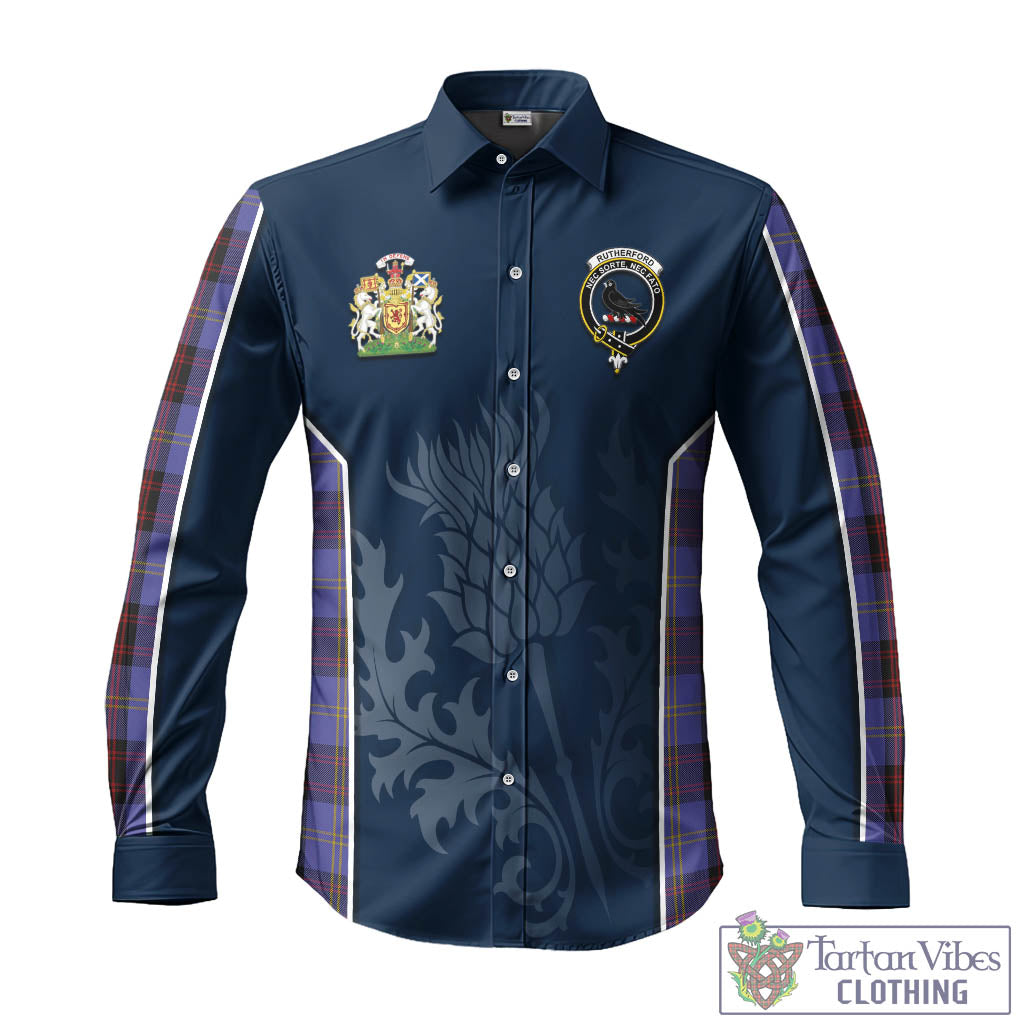 Tartan Vibes Clothing Rutherford Tartan Long Sleeve Button Up Shirt with Family Crest and Scottish Thistle Vibes Sport Style