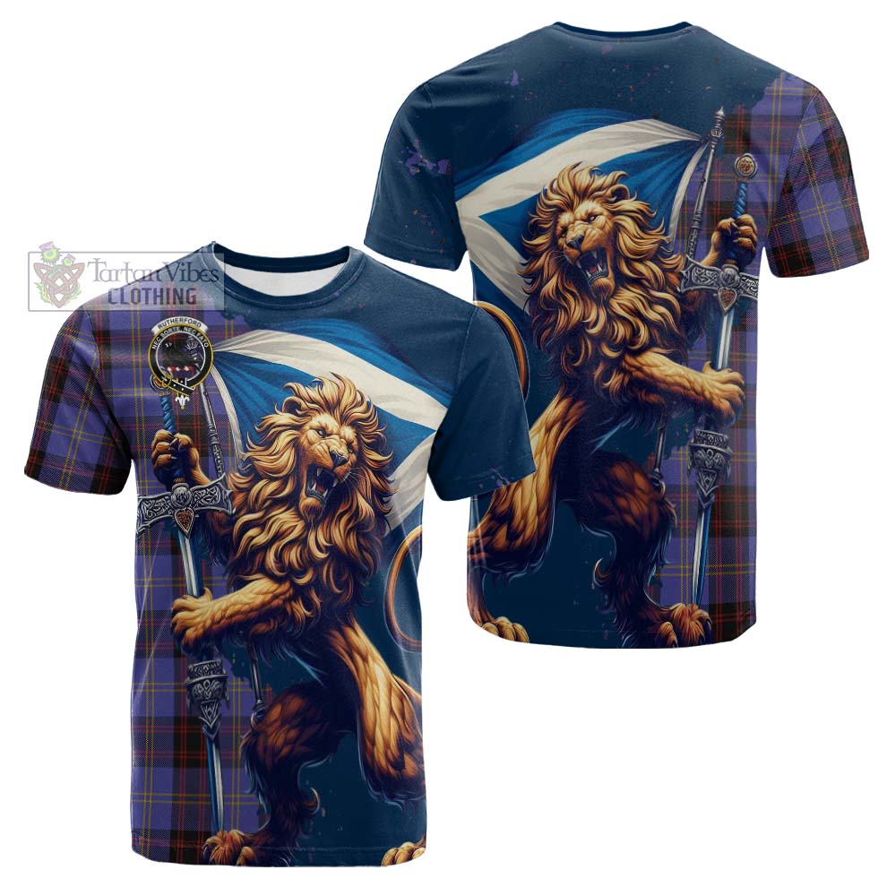 Tartan Vibes Clothing Rutherford Tartan Family Crest Cotton T-shirt with Scottish Majestic Lion