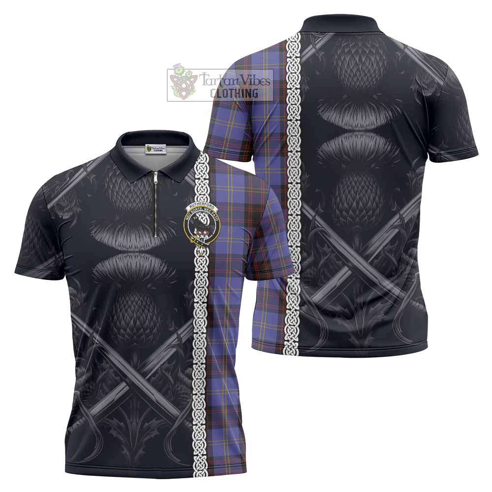 Tartan Vibes Clothing Rutherford Tartan Zipper Polo Shirt with Family Crest Cross Sword Thistle Celtic Vibes