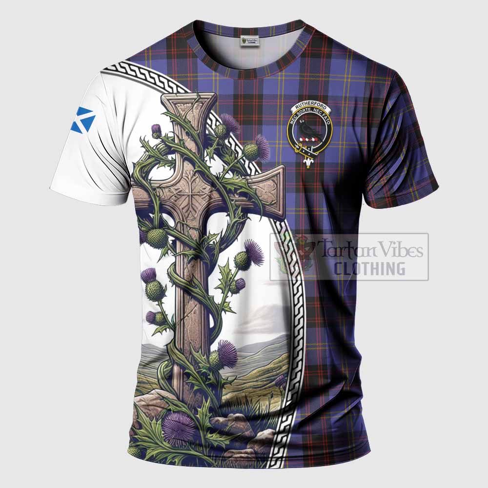 Tartan Vibes Clothing Rutherford Agnew Tartan T-Shirt with Family Crest and St. Andrew's Cross Accented by Thistle Vines