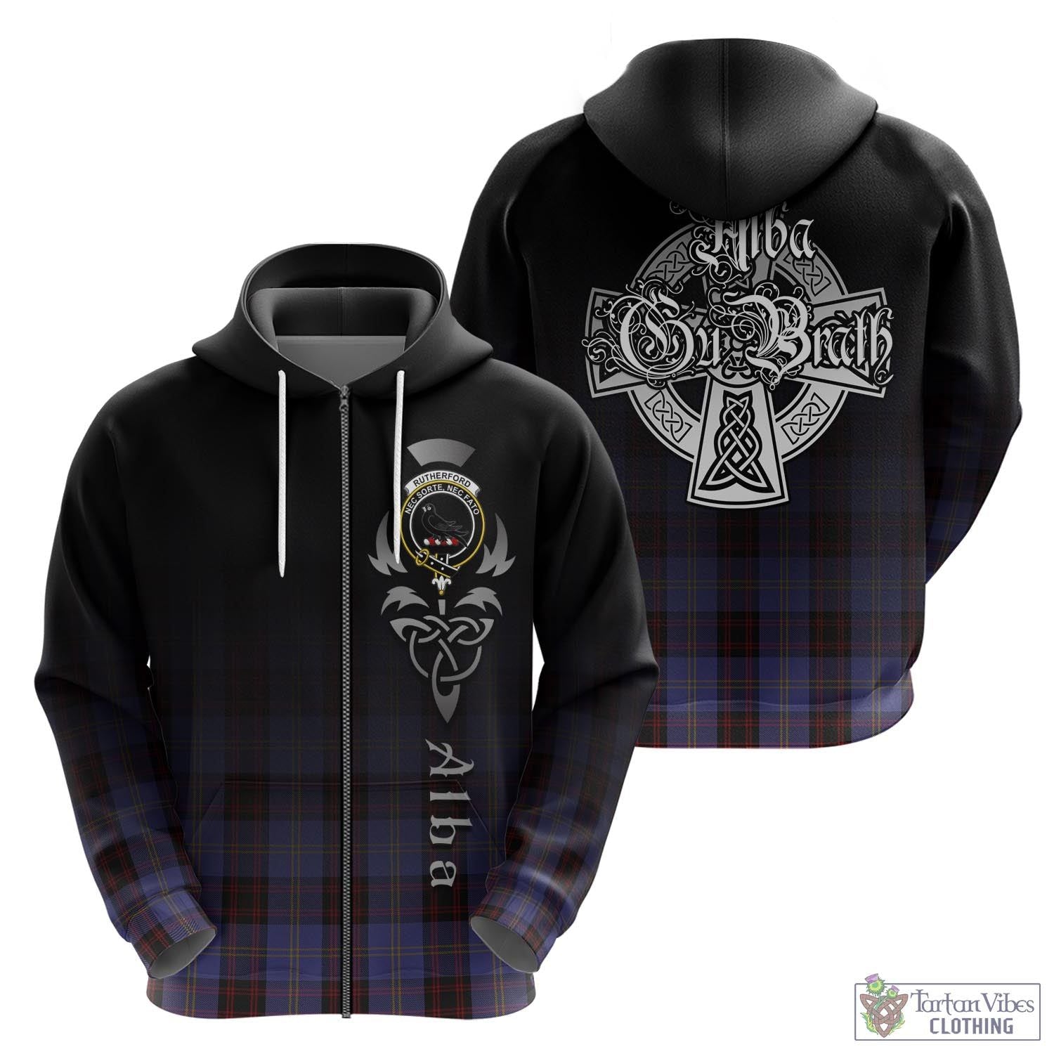 Tartan Vibes Clothing Rutherford Tartan Hoodie Featuring Alba Gu Brath Family Crest Celtic Inspired