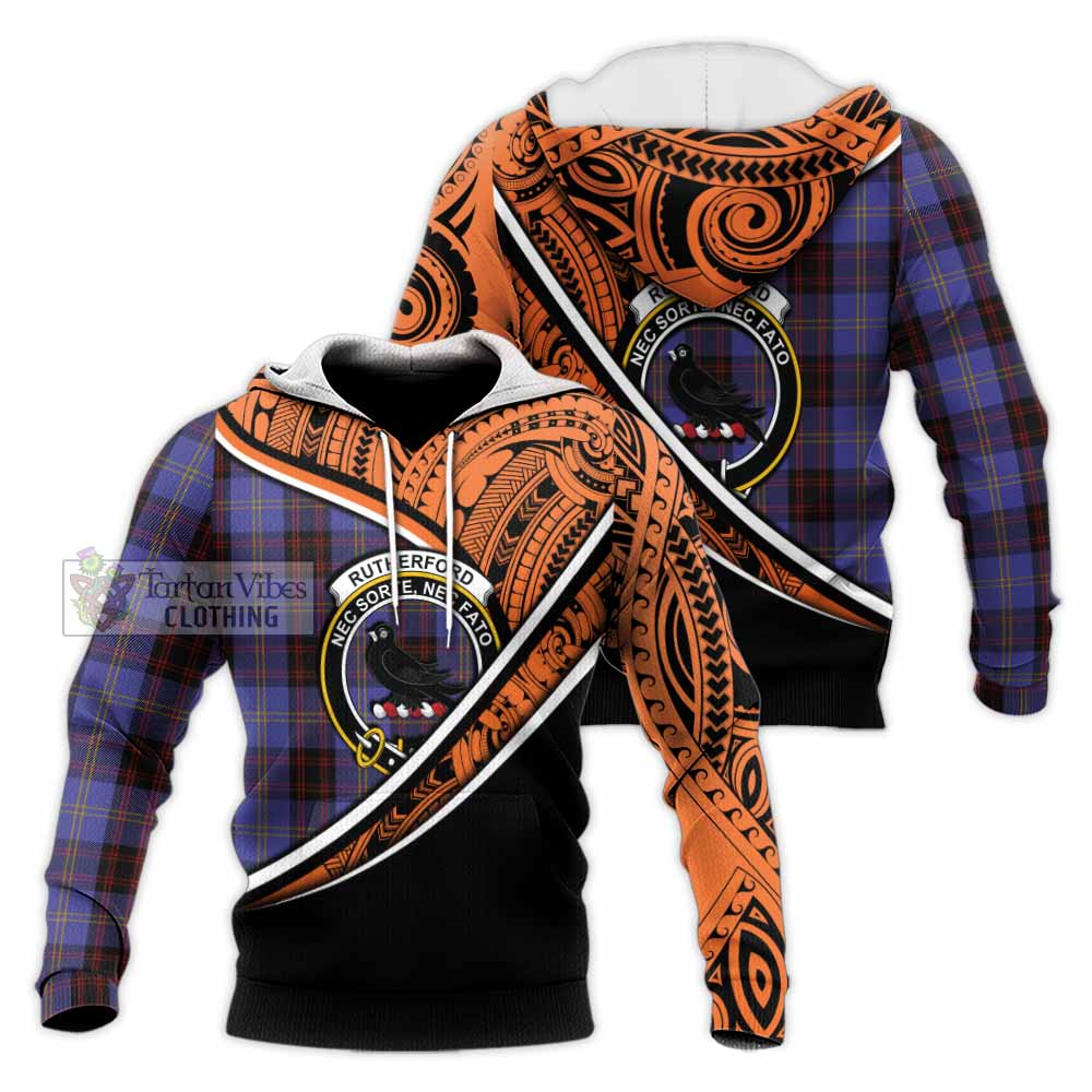 Tartan Vibes Clothing Rutherford Crest Tartan Knitted Hoodie with Maori Tattoo Style - Orange Version