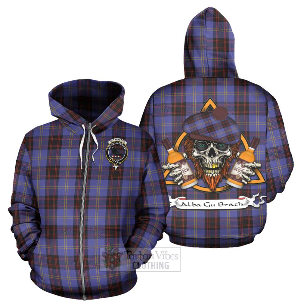 Tartan Vibes Clothing Rutherford Tartan Hoodie with Family Crest and Bearded Skull Holding Bottles of Whiskey