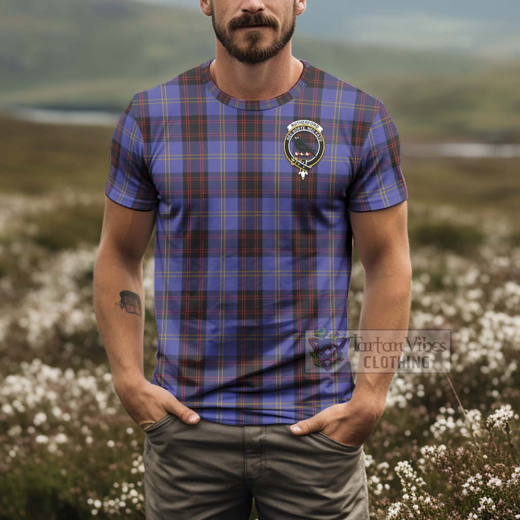 Tartan Vibes Clothing Rutherford Tartan T-Shirt with Family Crest and Bearded Skull Holding Bottles of Whiskey