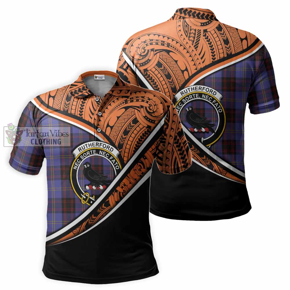 Tartan Vibes Clothing Rutherford Crest Tartan Polo Shirt with Maori Tattoo Style - Orange Version