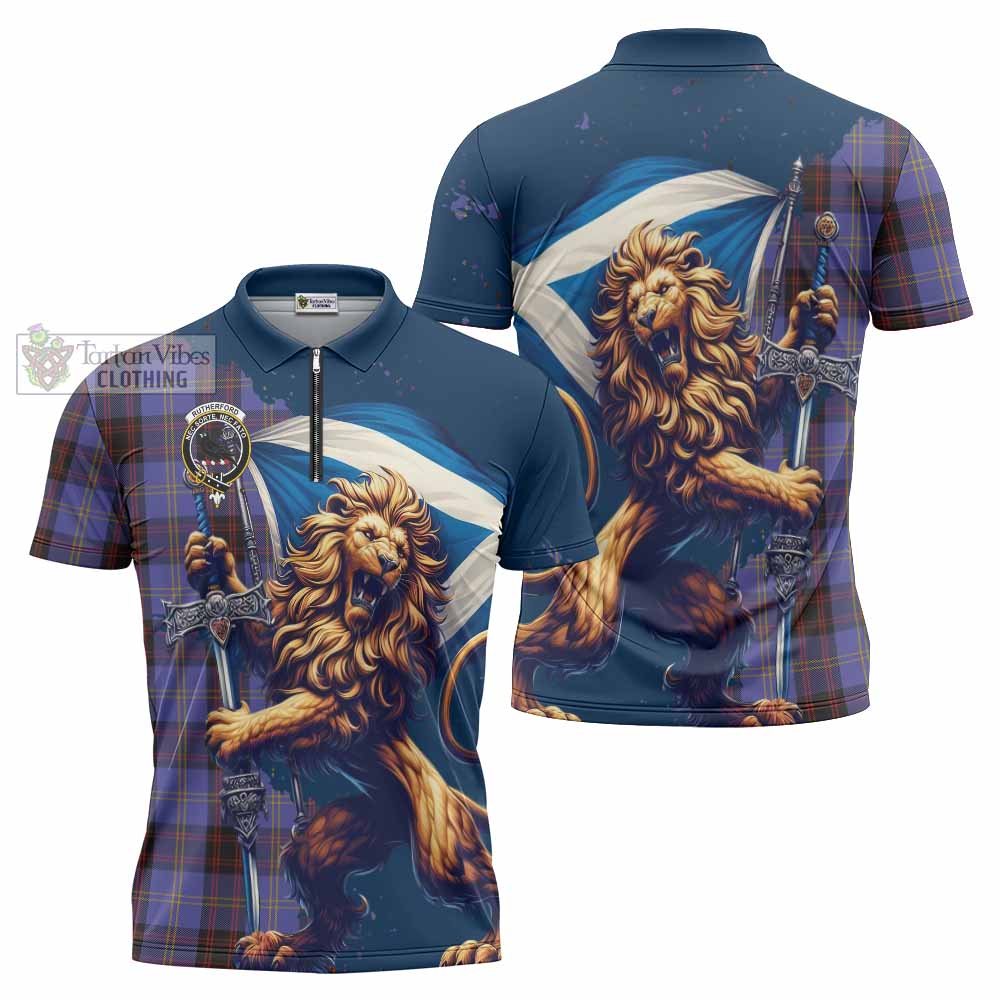 Tartan Vibes Clothing Rutherford Tartan Family Crest Zipper Polo Shirt with Scottish Majestic Lion