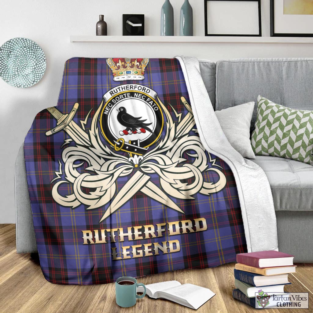 Tartan Vibes Clothing Rutherford Tartan Blanket with Clan Crest and the Golden Sword of Courageous Legacy