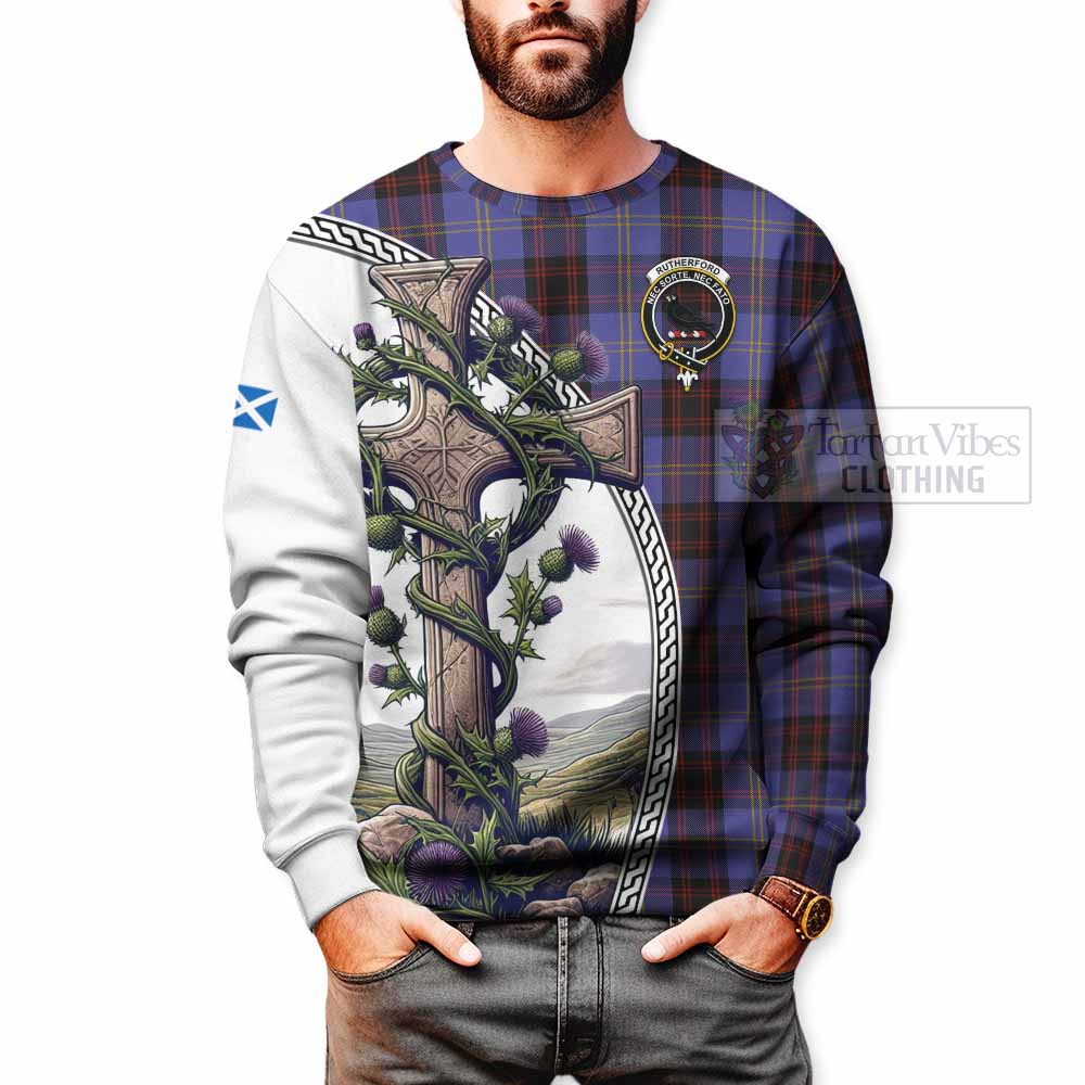 Tartan Vibes Clothing Rutherford Tartan Sweatshirt with Family Crest and St. Andrew's Cross Accented by Thistle Vines