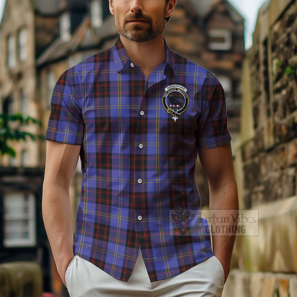 Tartan Vibes Clothing Rutherford Tartan Short Sleeve Button Shirt with Family Crest and Bearded Skull Holding Bottles of Whiskey