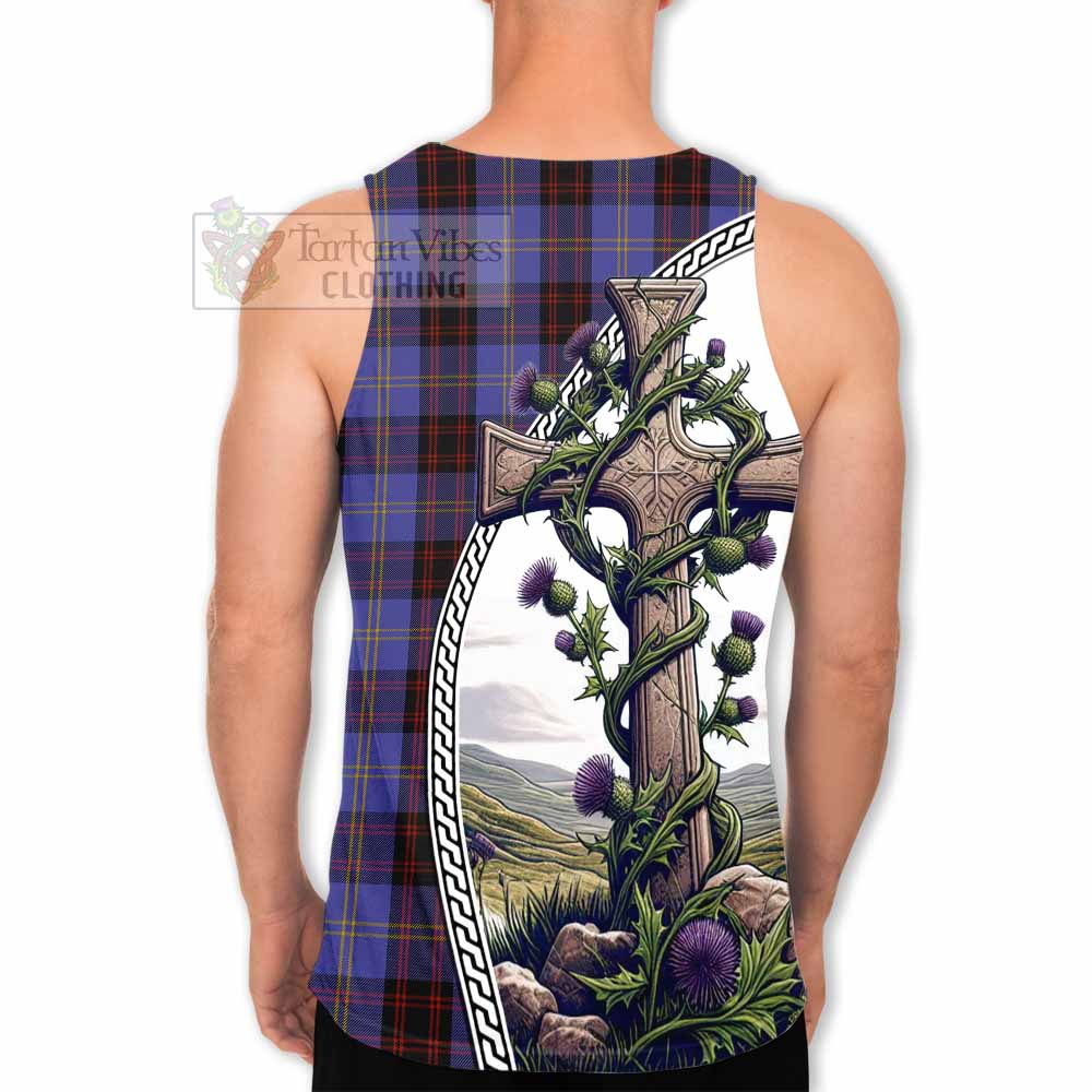 Tartan Vibes Clothing Rutherford Tartan Men's Tank Top with Family Crest and St. Andrew's Cross Accented by Thistle Vines