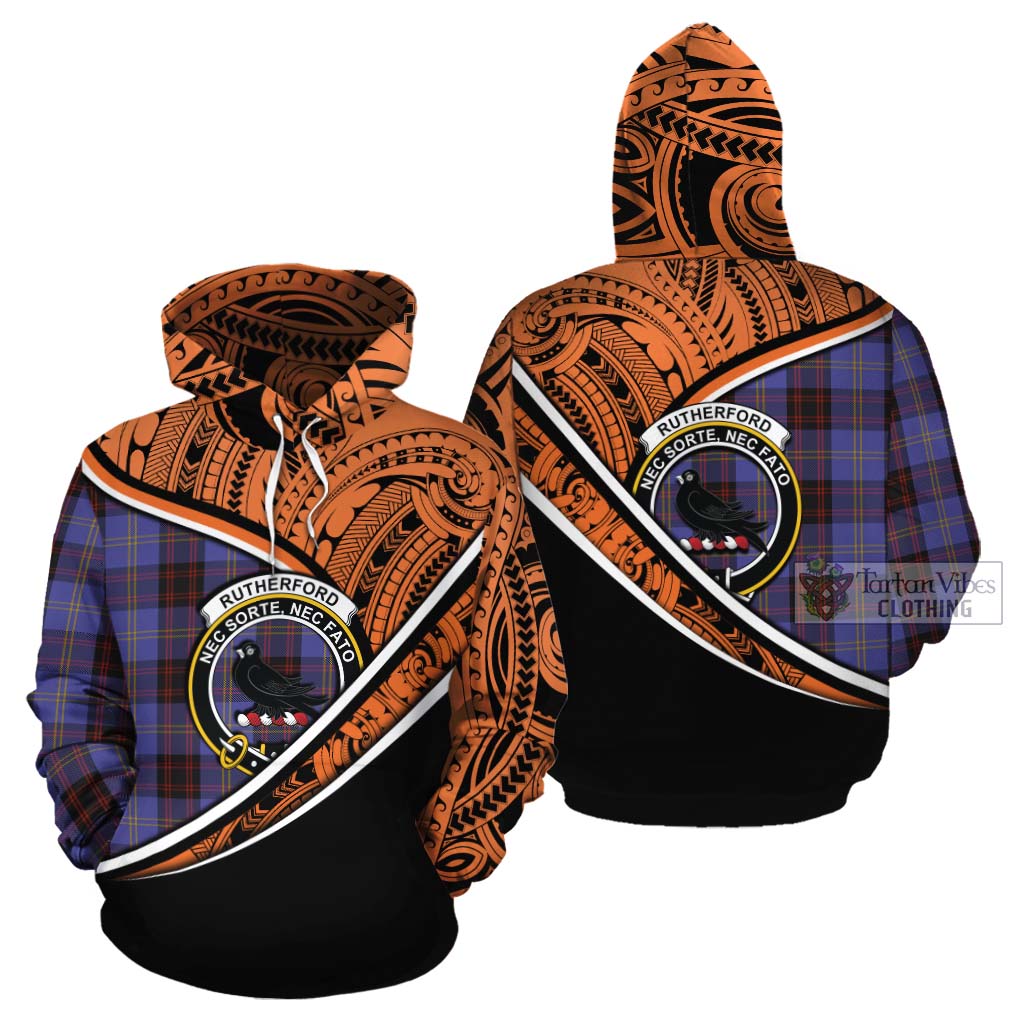 Tartan Vibes Clothing Rutherford Crest Tartan Cotton Hoodie with Maori Tattoo Style - Orange Version