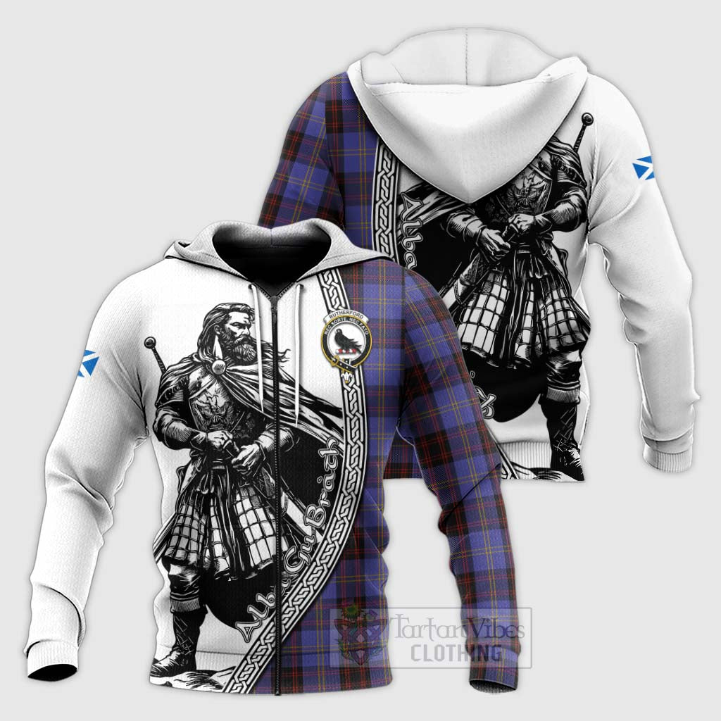 Tartan Vibes Clothing Rutherford Tartan Clan Crest Knitted Hoodie with Highlander Warrior Celtic Style