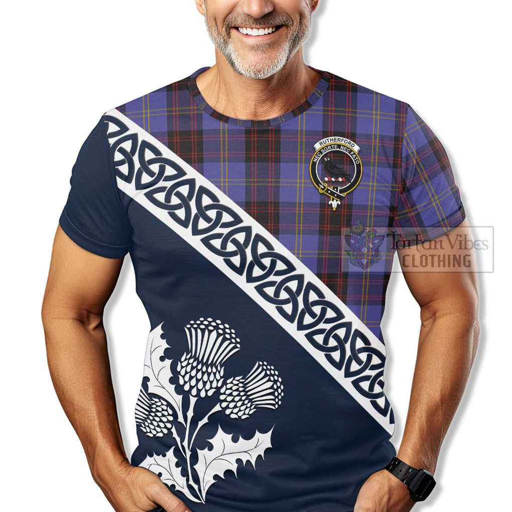 Rutherford Tartan T-Shirt Featuring Thistle and Scotland Map