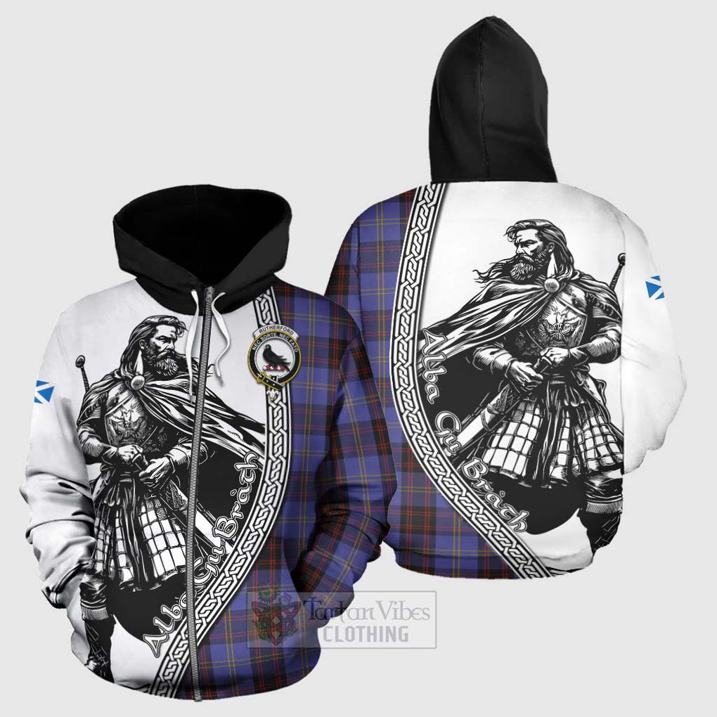 Tartan Vibes Clothing Rutherford Tartan Clan Crest Hoodie with Highlander Warrior Celtic Style