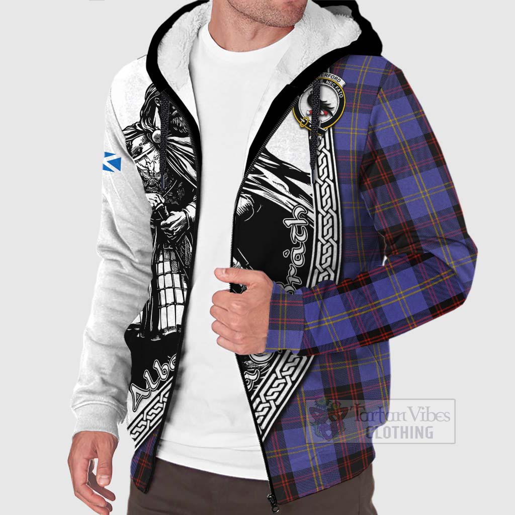 Tartan Vibes Clothing Rutherford Tartan Clan Crest Sherpa Hoodie with Highlander Warrior Celtic Style