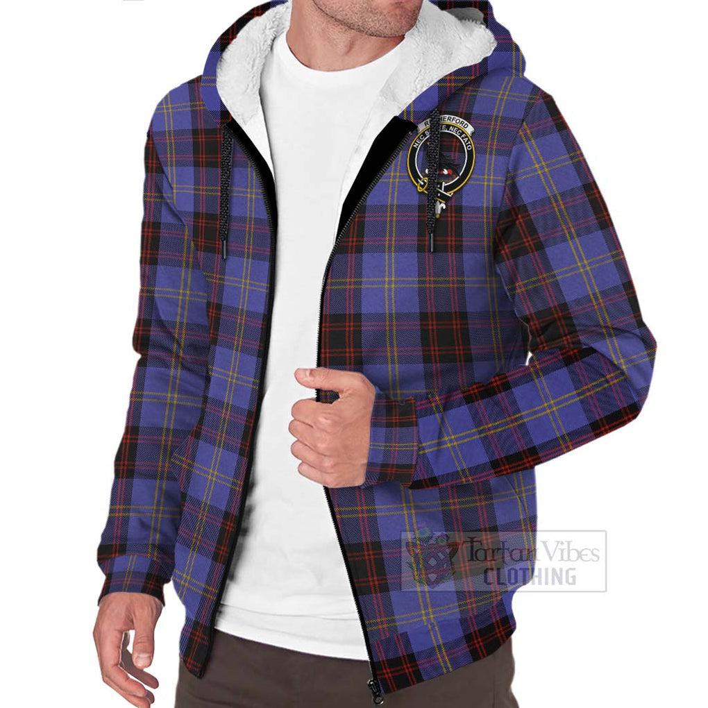 Tartan Vibes Clothing Rutherford Tartan Sherpa Hoodie with Family Crest and Bearded Skull Holding Bottles of Whiskey