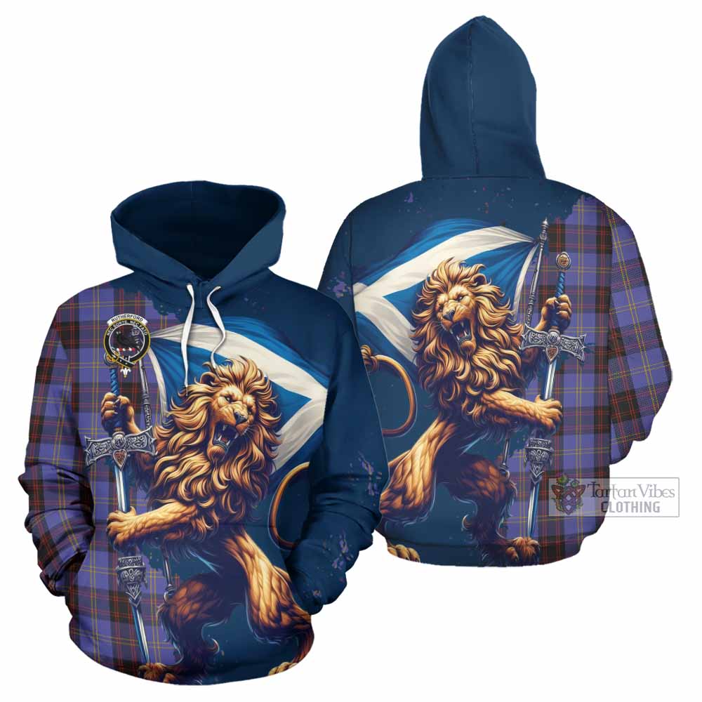 Rutherford Tartan Family Crest Hoodie with Scottish Majestic Lion