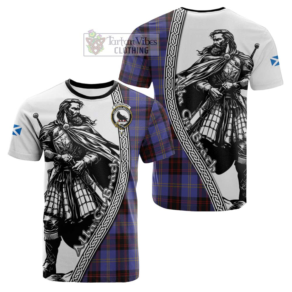 Rutherford Tartan Clan Crest Cotton T-shirt with Highlander Warrior Celtic Style