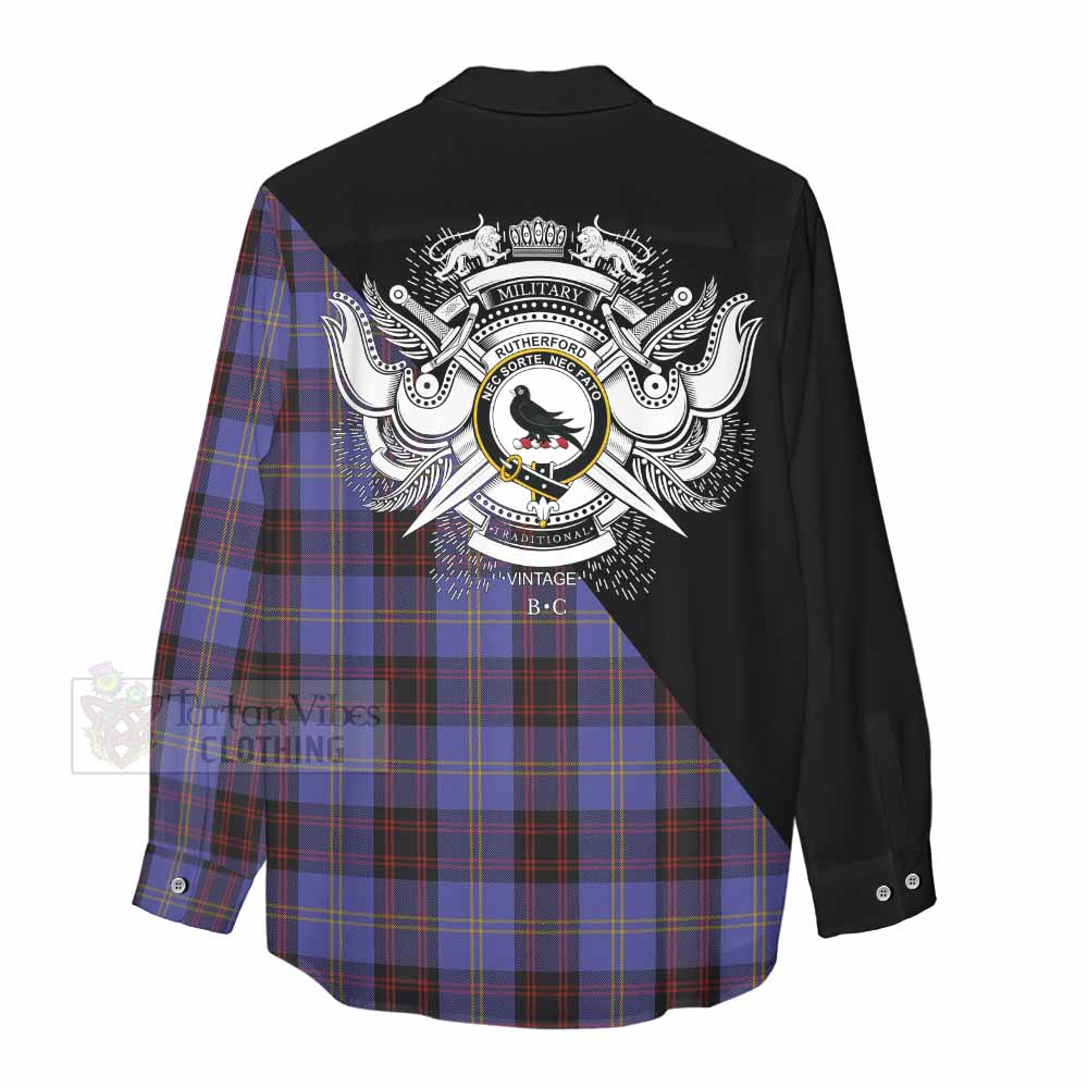 Tartan Vibes Clothing Rutherford Tartan Women's Casual Shirt with Family Crest and Military Logo Style