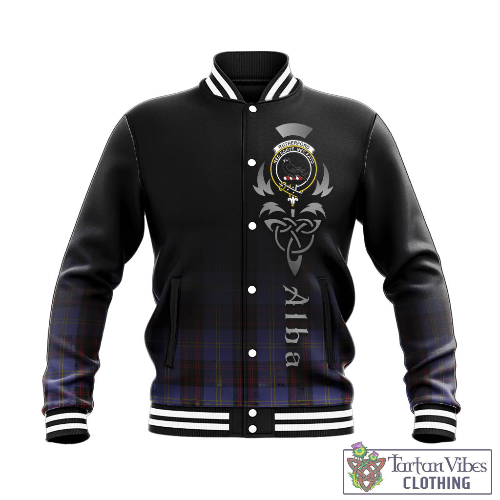 Tartan Vibes Clothing Rutherford Tartan Baseball Jacket Featuring Alba Gu Brath Family Crest Celtic Inspired