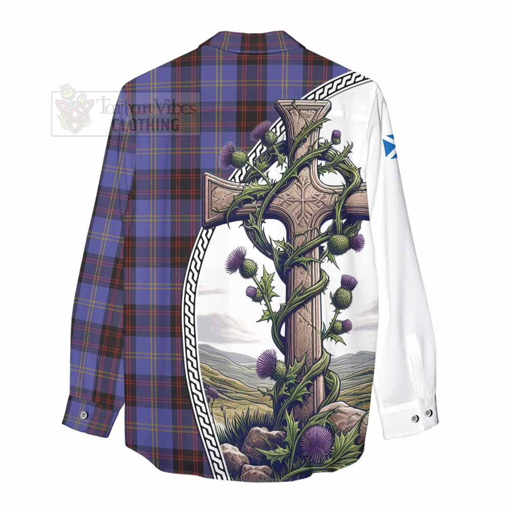 Tartan Vibes Clothing Rutherford Tartan Women's Casual Shirt with Family Crest and St. Andrew's Cross Accented by Thistle Vines