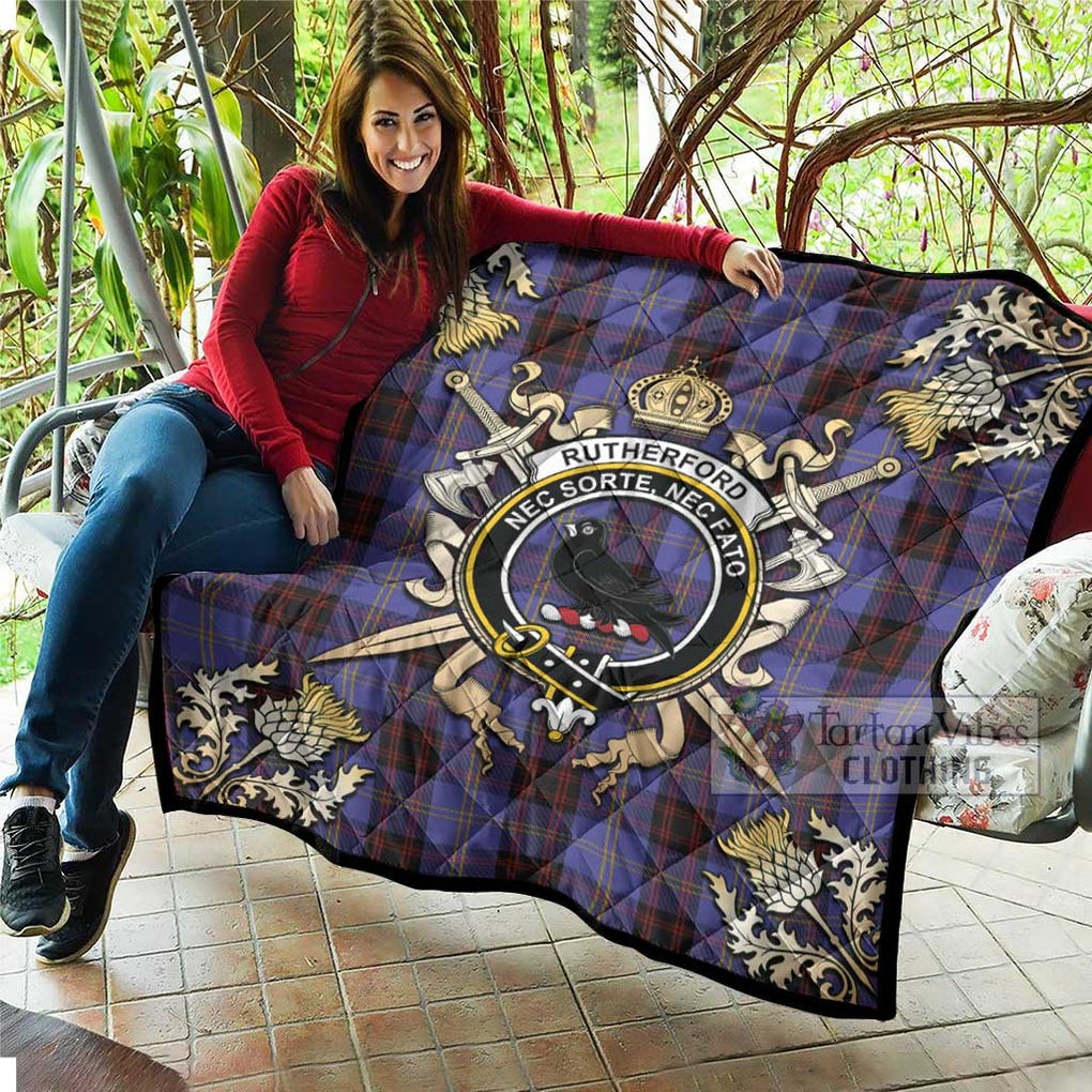 Tartan Vibes Clothing Rutherford Tartan Quilt with Family Crest and Scottish Golden Courage Shield