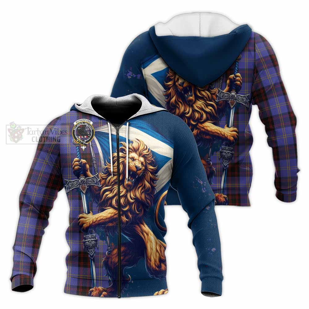 Tartan Vibes Clothing Rutherford Tartan Family Crest Knitted Hoodie with Scottish Majestic Lion