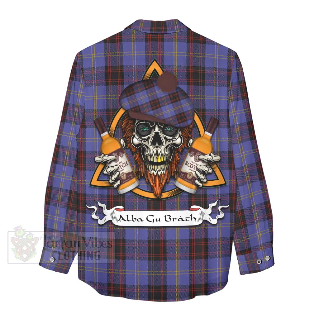 Tartan Vibes Clothing Rutherford Tartan Women's Casual Shirt with Family Crest and Bearded Skull Holding Bottles of Whiskey