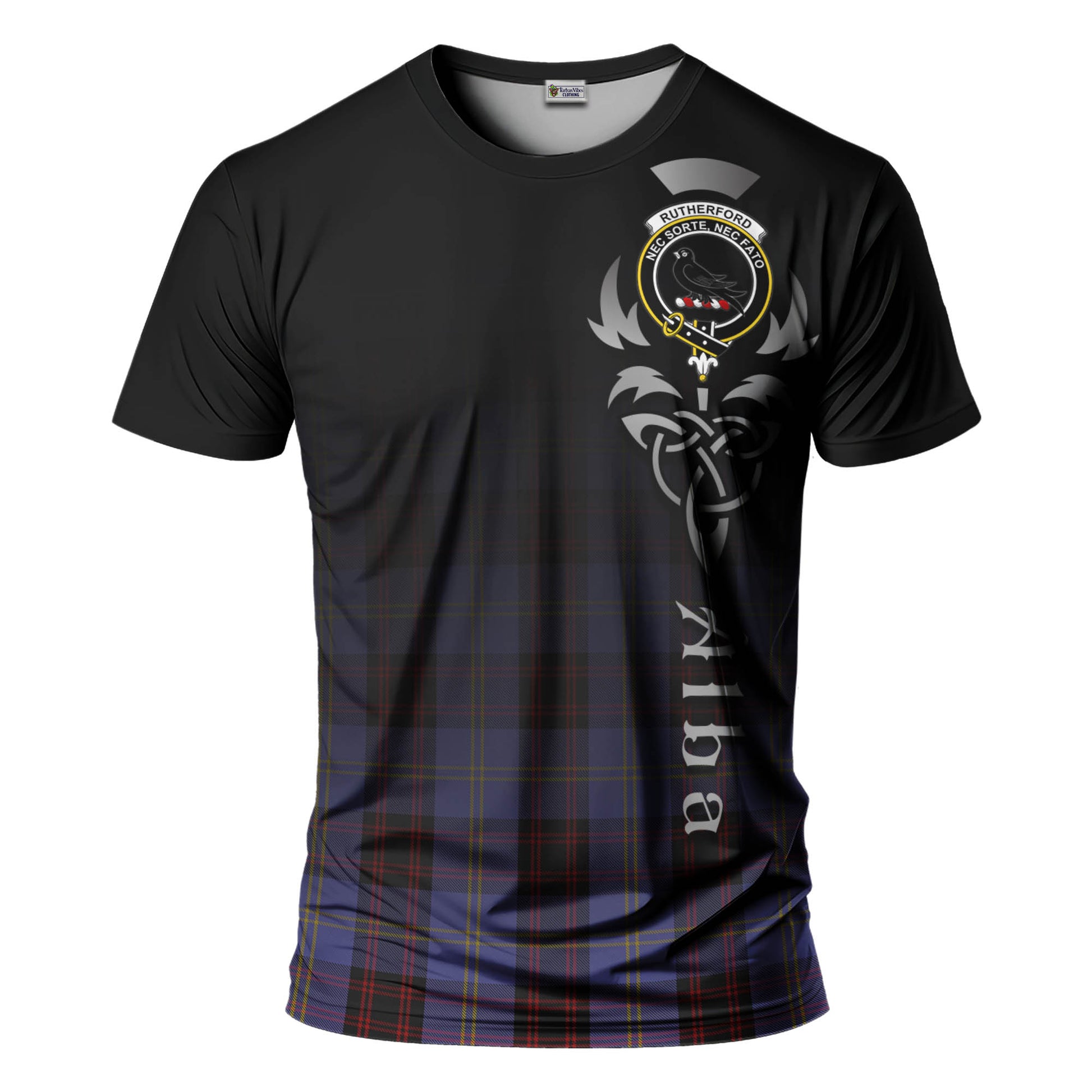 Tartan Vibes Clothing Rutherford Tartan T-Shirt Featuring Alba Gu Brath Family Crest Celtic Inspired