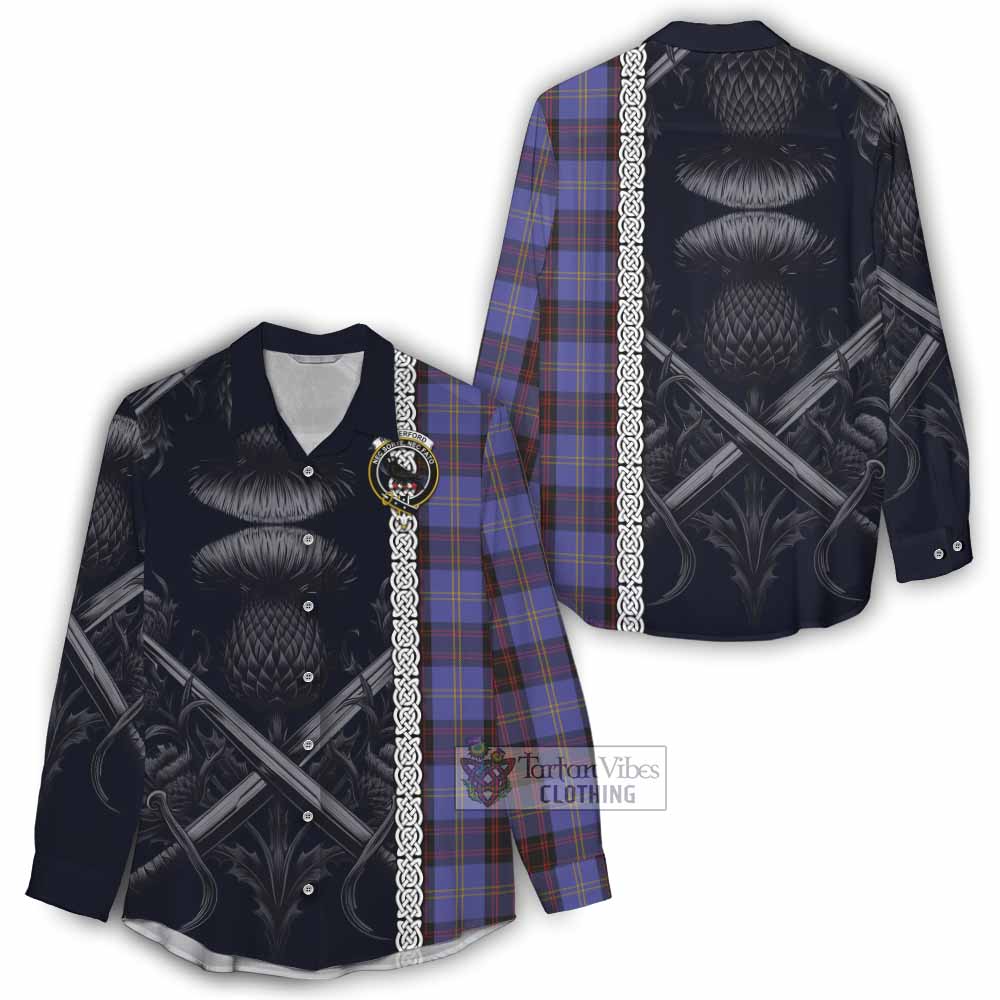 Tartan Vibes Clothing Rutherford Tartan Women's Casual Shirt with Family Crest Cross Sword Thistle Celtic Vibes