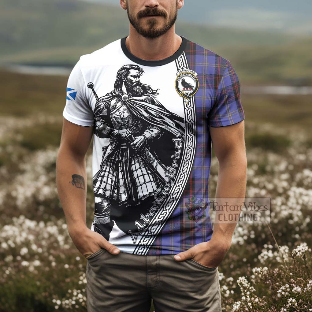 Tartan Vibes Clothing Rutherford Tartan Clan Crest T-Shirt with Highlander Warrior Celtic Style