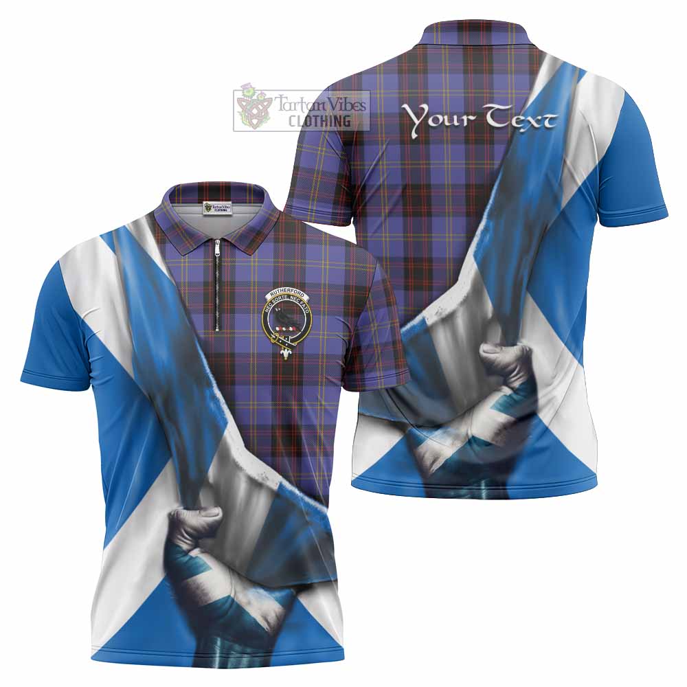 Tartan Vibes Clothing Rutherford Tartan Zipper Polo Shirt with Family Crest Scotland Patriotic Style