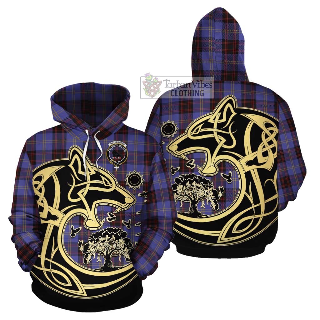 Tartan Vibes Clothing Rutherford Tartan Cotton Hoodie with Family Crest Celtic Wolf Style