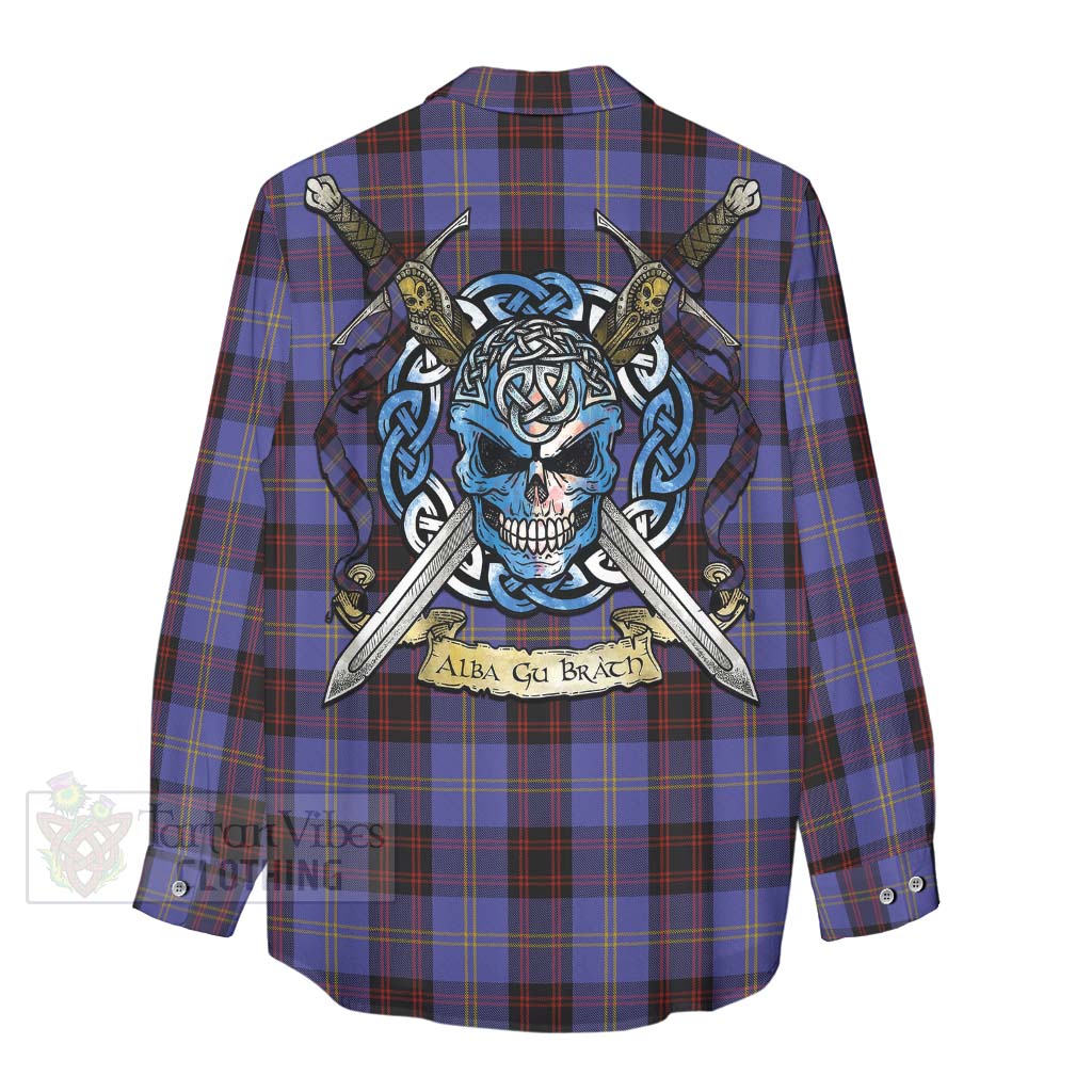 Tartan Vibes Clothing Rutherford Tartan Women's Casual Shirt with Family Crest Celtic Skull Style