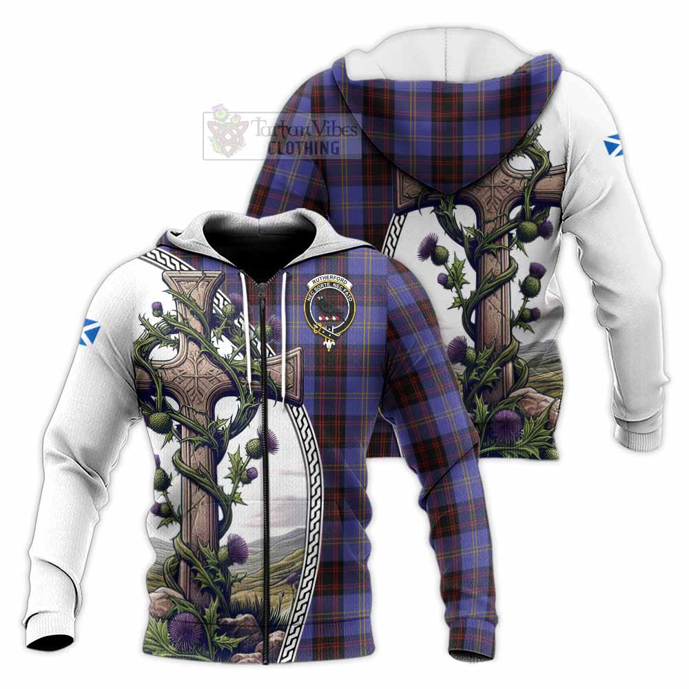 Tartan Vibes Clothing Rutherford Tartan Knitted Hoodie with Family Crest and St. Andrew's Cross Accented by Thistle Vines