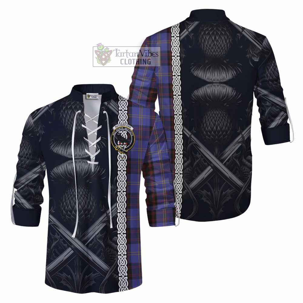 Tartan Vibes Clothing Rutherford Tartan Ghillie Kilt Shirt with Family Crest Cross Sword Thistle Celtic Vibes